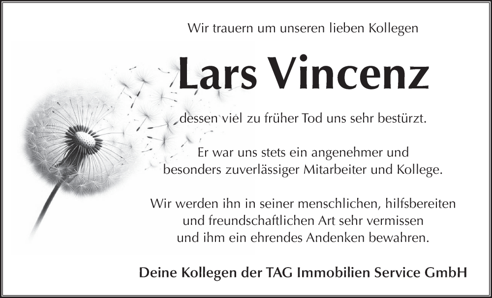  Traueranzeige für Lars Vincenz vom 29.11.2025 aus Blickpunkt Königs Wusterhausen