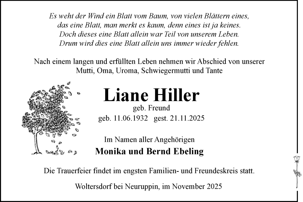  Traueranzeige für Liane Hiller vom 29.11.2025 aus Märkische Oderzeitung