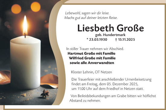 Traueranzeige von Liesbeth Große von Märkische Oderzeitung
