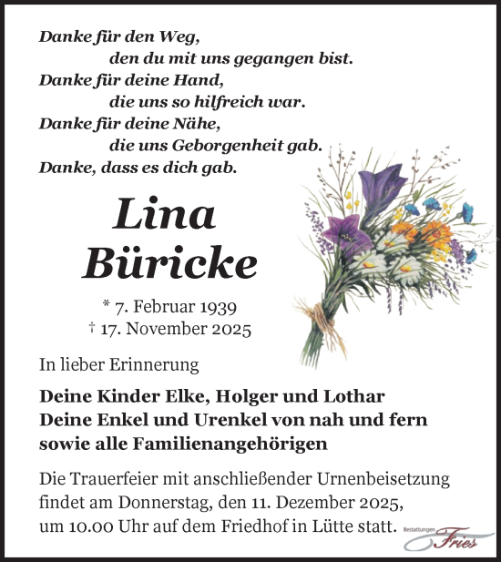 Traueranzeige von Lina Büricke von Märkische Oderzeitung