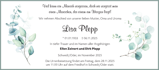 Traueranzeige von Lisa Plepp von MO Uckerm.-Anz.