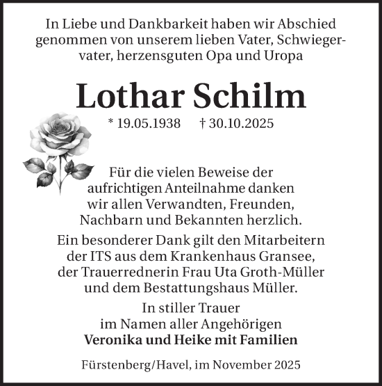 Traueranzeige von Lothar Schilm von Märkische Oderzeitung