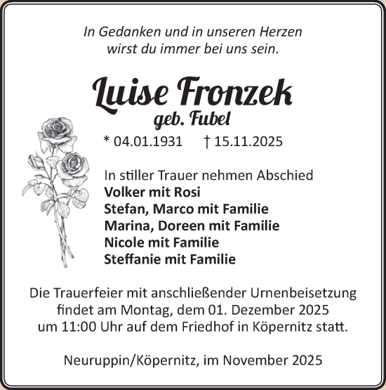 Traueranzeige von Luise Fronzek von Märkische Oderzeitung