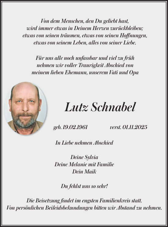Traueranzeige von Lutz Schnabel von Blickpunkt Jüterbog/Luckenwalde