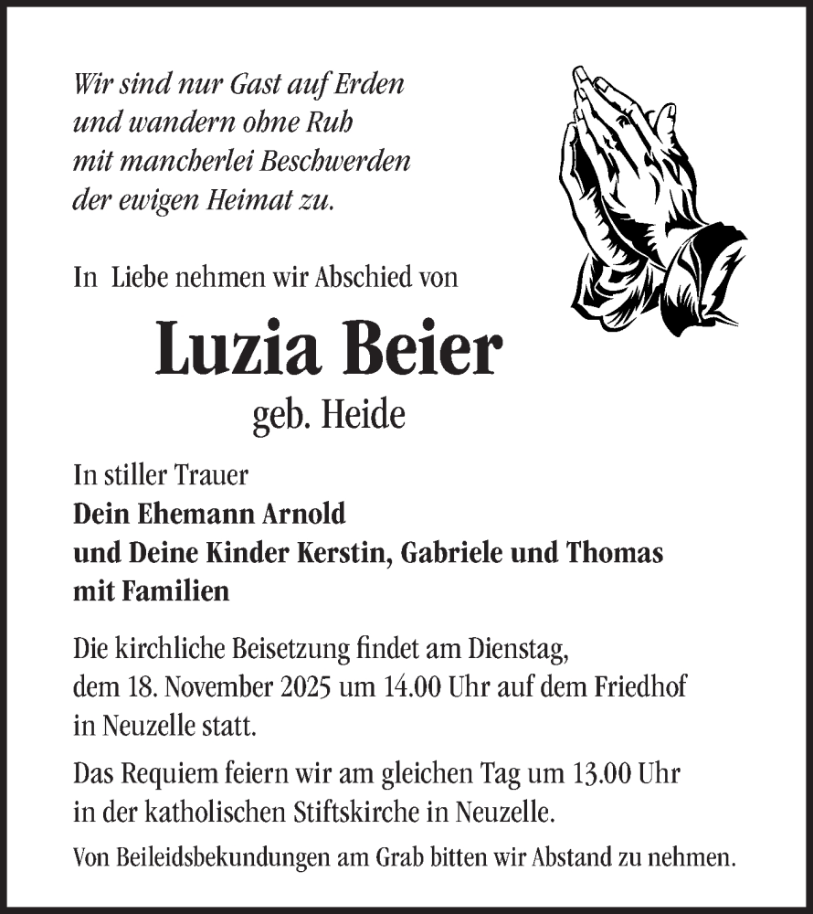  Traueranzeige für Luzia Beier vom 15.11.2025 aus Märkische Oderzeitung