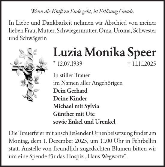 Traueranzeige von Luzia Monika Speer von Märkische Oderzeitung