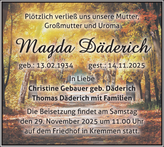 Traueranzeige von Magda Däderich von Märkische Oderzeitung