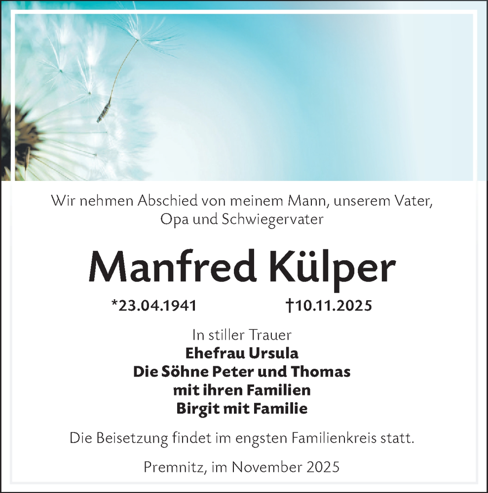  Traueranzeige für Manfred Külper vom 29.11.2025 aus Märkische Oderzeitung
