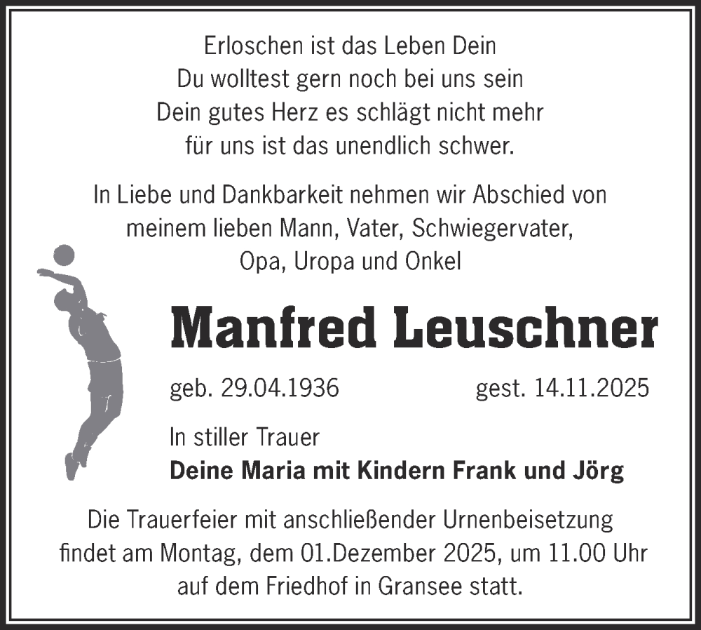  Traueranzeige für Manfred Leuschner vom 22.11.2025 aus Märkische Oderzeitung