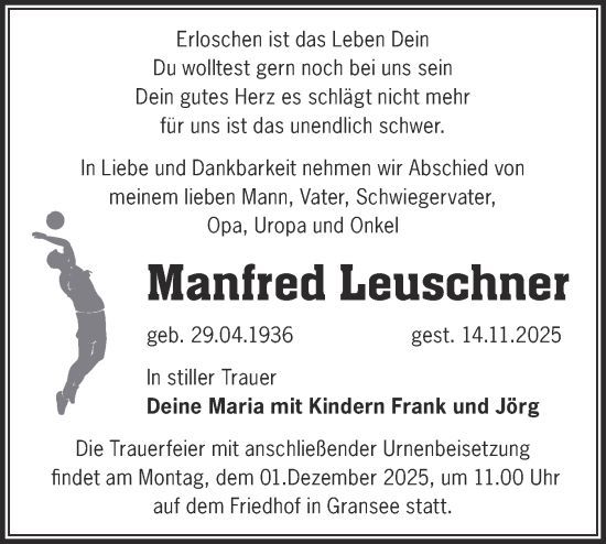Traueranzeige von Manfred Leuschner von Märkische Oderzeitung