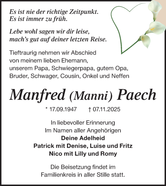 Traueranzeige von Manfred Paech von Märkische Oderzeitung