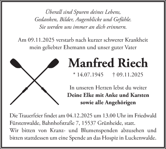 Traueranzeige von Manfred Riech von Blickpunkt Königs Wusterhausen