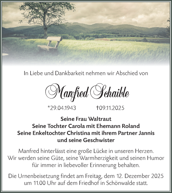 Traueranzeige von Manfred Schaible von Märkische Oderzeitung