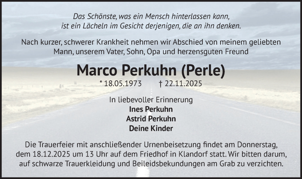  Traueranzeige für Marco Perkuhn vom 29.11.2025 aus Märkische Oderzeitung