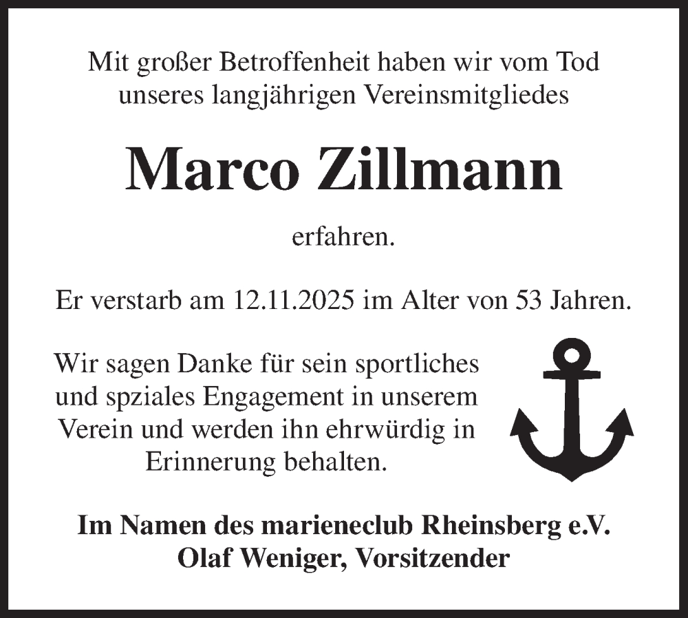  Traueranzeige für Marco Zillmann vom 29.11.2025 aus Märkische Oderzeitung