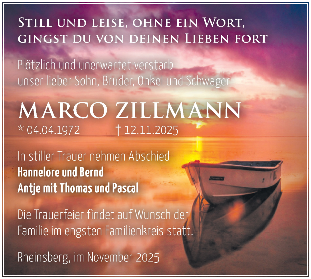  Traueranzeige für Marco Zillmann vom 29.11.2025 aus Märkische Oderzeitung
