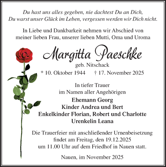 Traueranzeige von Margitta Paeschke von Märkische Oderzeitung