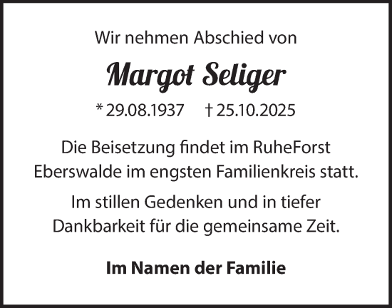 Traueranzeige von Margot Seliger von Märkische Oderzeitung