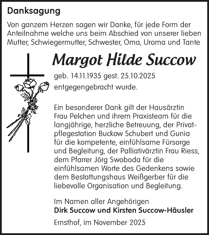  Traueranzeige für Margot Hilde Succow vom 15.11.2025 aus Märkische Oderzeitung