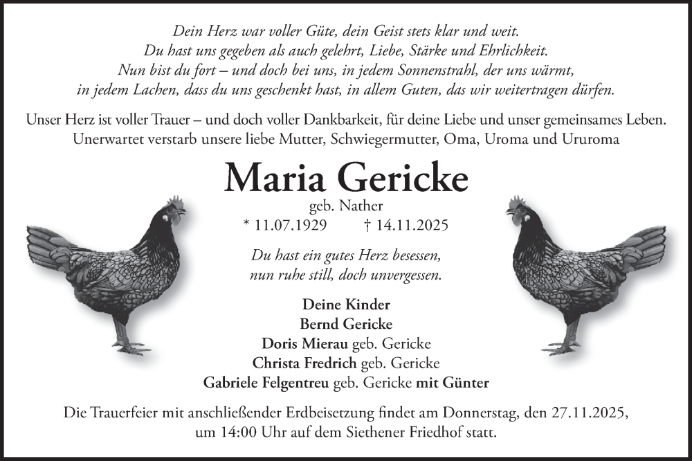  Traueranzeige für Maria Gericke vom 22.11.2025 aus Blickpunkt Ludwigsfelde/Zossen