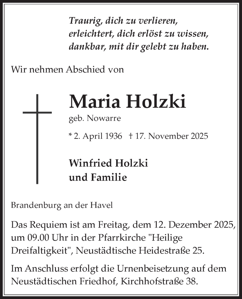  Traueranzeige für Maria Holzki vom 29.11.2025 aus Märkische Oderzeitung