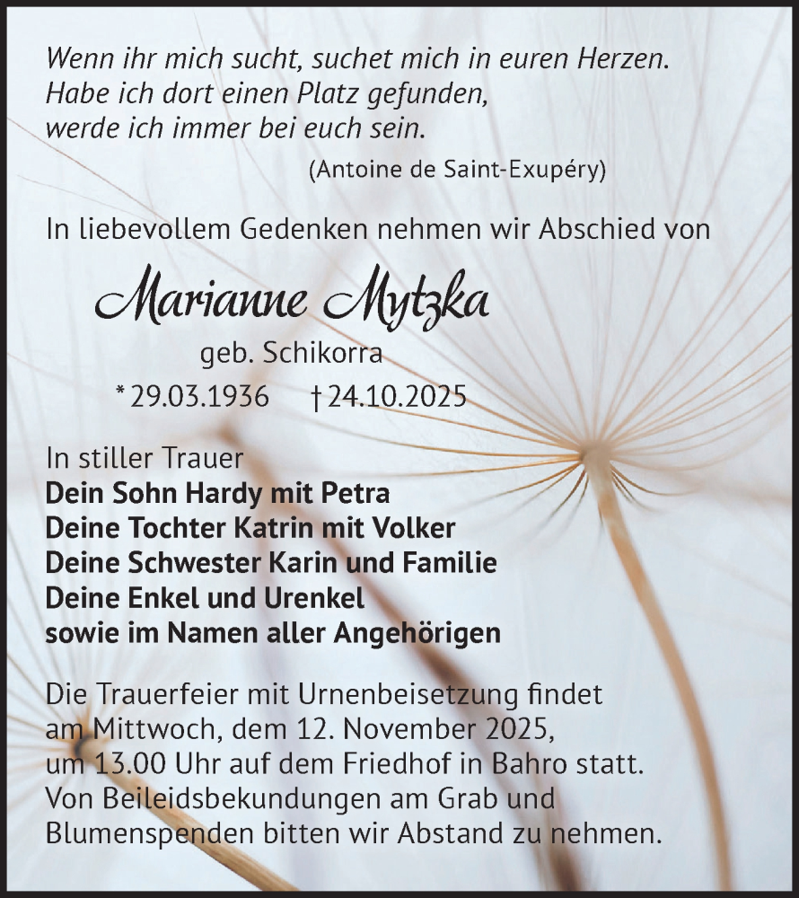  Traueranzeige für Marianne Mytzka vom 01.11.2025 aus Märkische Oderzeitung