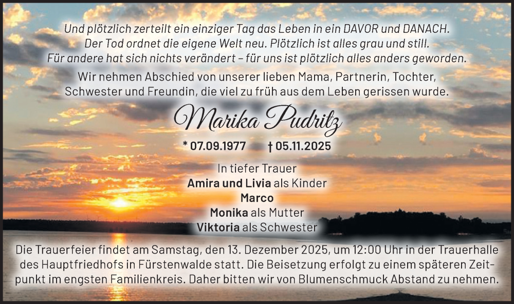  Traueranzeige für Marika Pudritz vom 29.11.2025 aus Märkische Oderzeitung