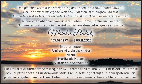 Traueranzeige von Marika Pudritz von Märkische Oderzeitung
