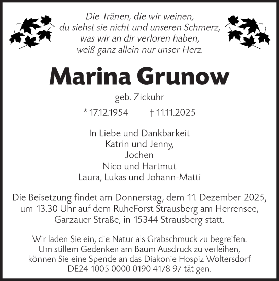 Traueranzeige von Marina Grunow von Märkische Oderzeitung