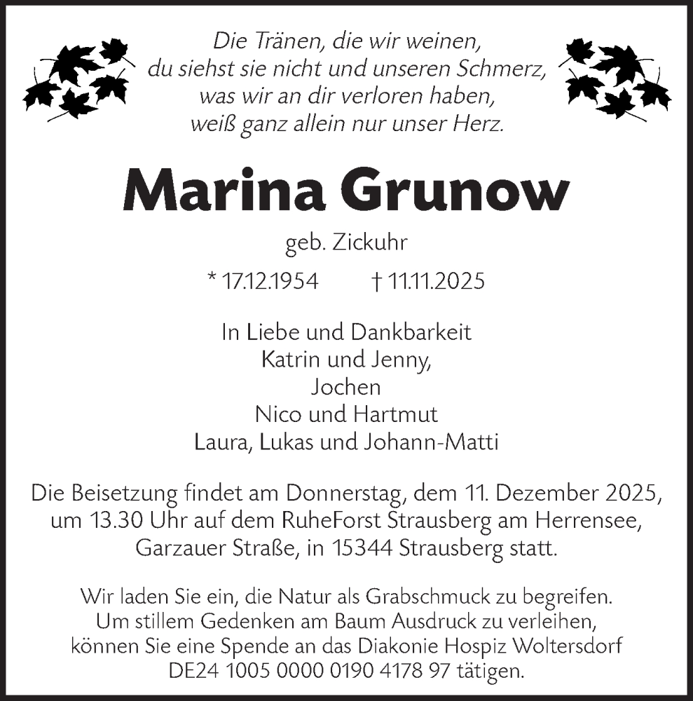  Traueranzeige für Marina Grunow vom 29.11.2025 aus Märkische Oderzeitung