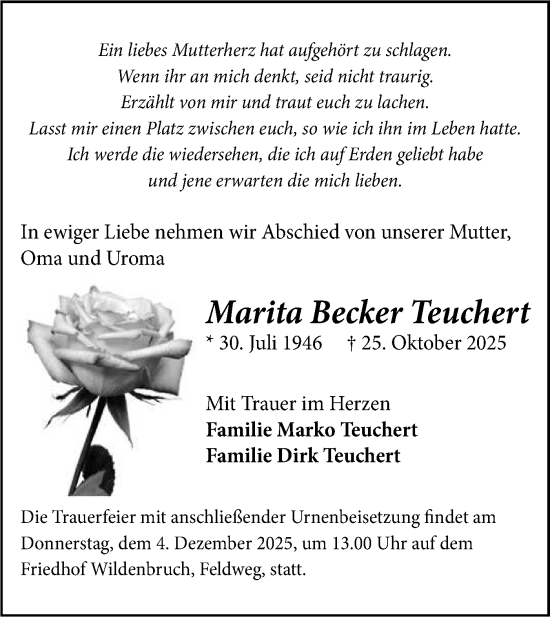 Traueranzeige von Marita Becker Teuchert von Blickpunkt Potsdam/Werder