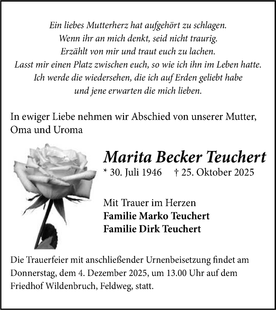  Traueranzeige für Marita Becker Teuchert vom 15.11.2025 aus Blickpunkt Potsdam/Werder