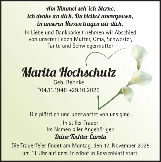 Traueranzeige von Marita Hochschulz von Märkische Oderzeitung
