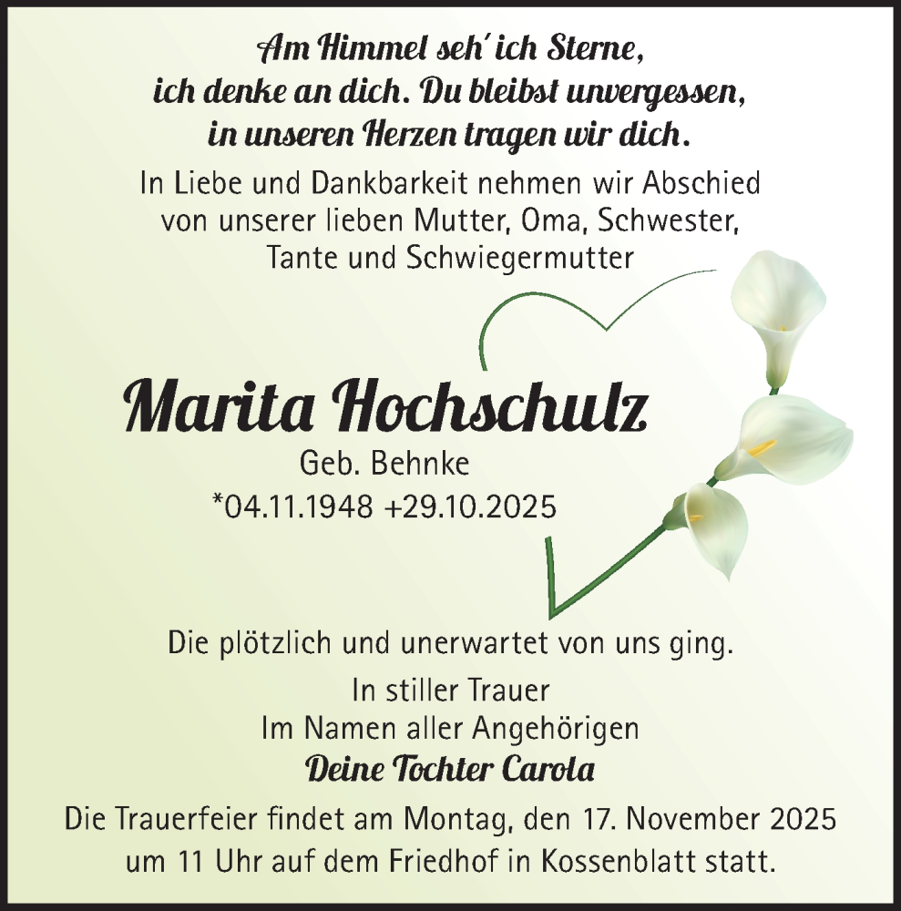  Traueranzeige für Marita Hochschulz vom 08.11.2025 aus Märkische Oderzeitung