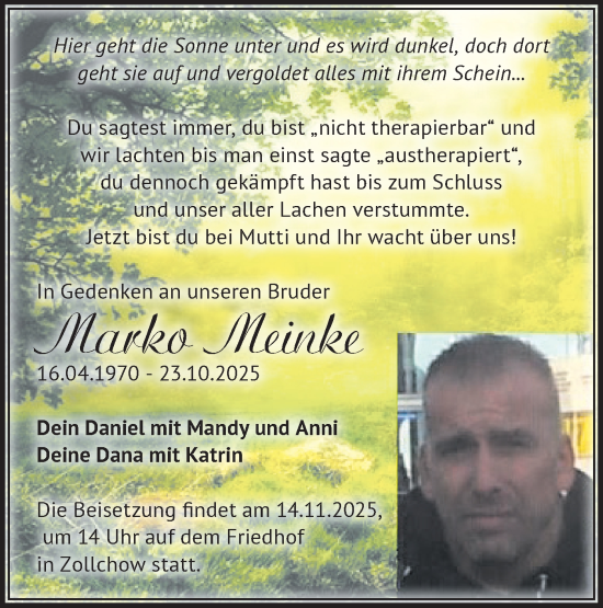 Traueranzeige von Marko Meinke von Märkische Oderzeitung