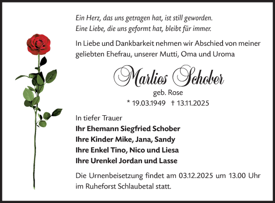 Traueranzeige von Marlies Schober von Märkische Oderzeitung