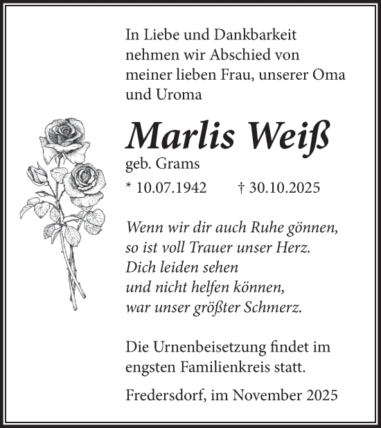 Traueranzeige von Marlis Weiß von Märkische Oderzeitung