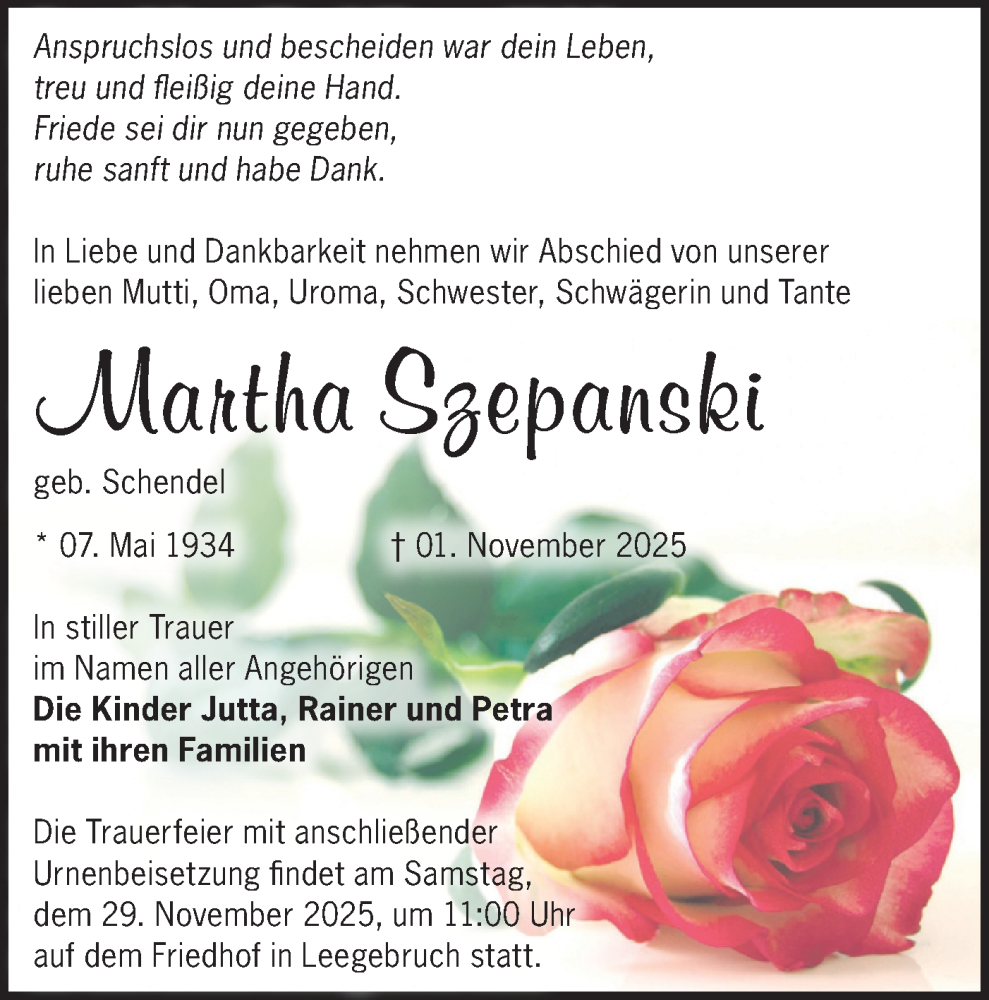  Traueranzeige für Martha Szepanski vom 15.11.2025 aus Märkische Oderzeitung