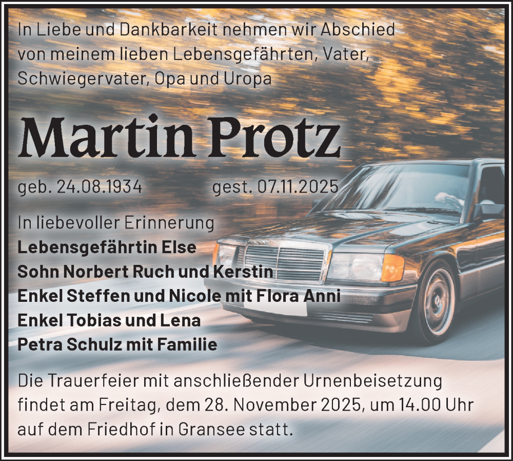  Traueranzeige für Martin Protz vom 22.11.2025 aus Märkische Oderzeitung