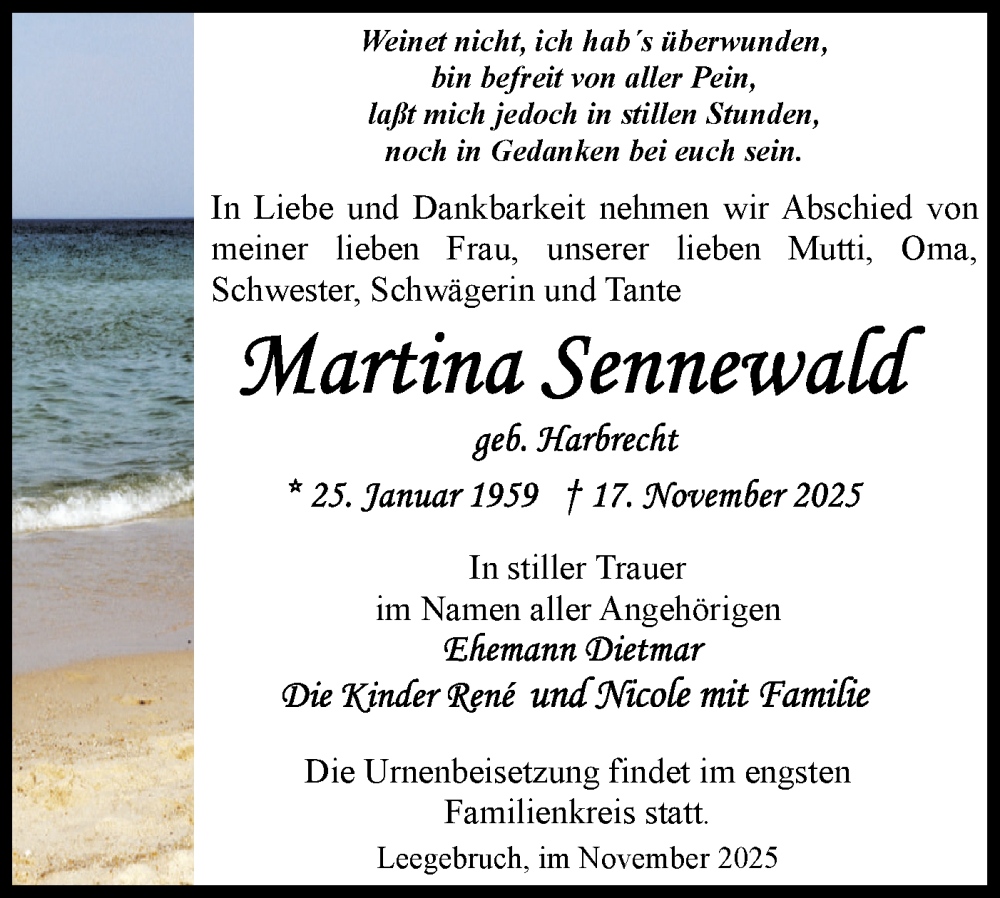  Traueranzeige für Martina Sennewald vom 29.11.2025 aus Märkische Oderzeitung