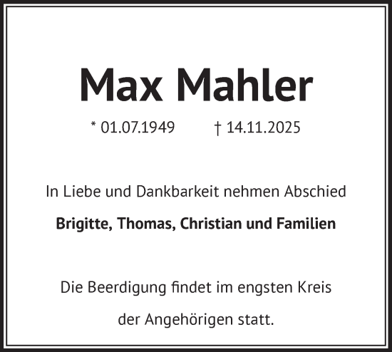 Traueranzeige von Max Mahler von Märkische Oderzeitung