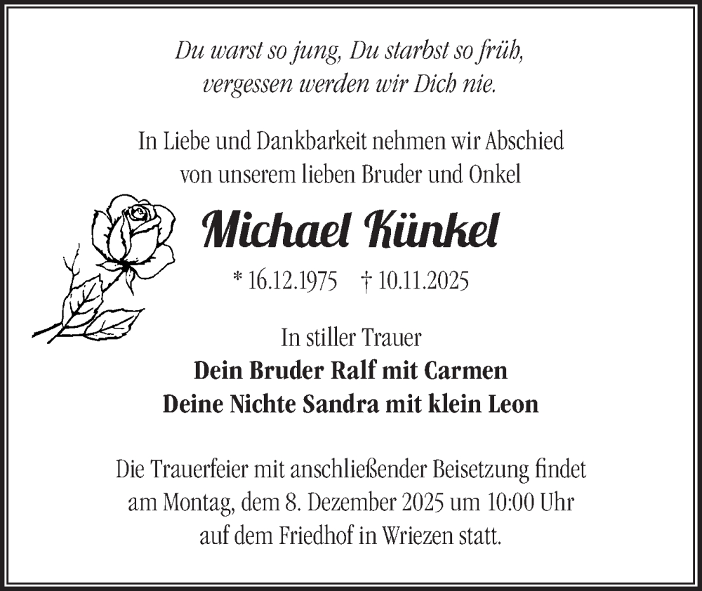  Traueranzeige für Michael Künkel vom 29.11.2025 aus MO Oderld.-Echo