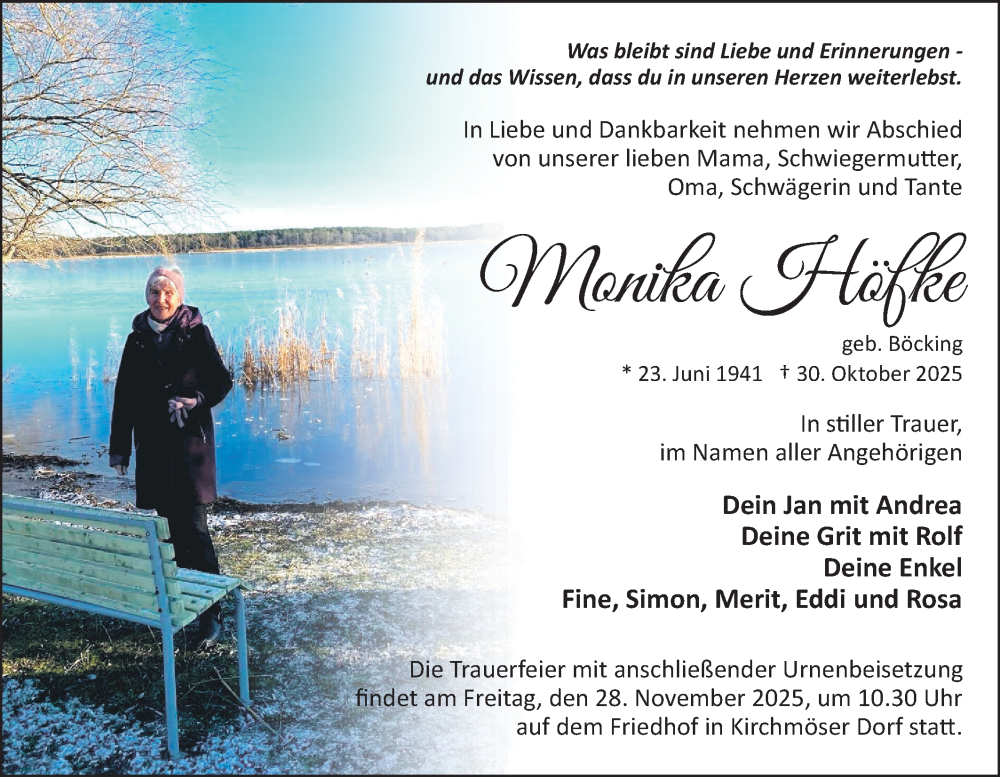  Traueranzeige für Monika Hößle vom 15.11.2025 aus Märkische Oderzeitung