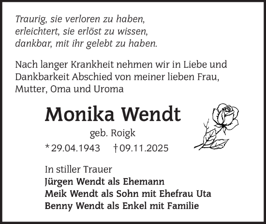 Traueranzeige von Monika Wendt von Märkische Oderzeitung