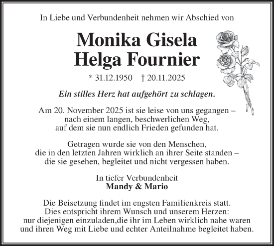 Traueranzeige von Monika Gisela Helga Fournier von Märkische Oderzeitung