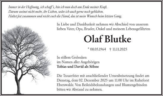 Traueranzeige von Olaf Blutke von MO Uckerm.-Anz.