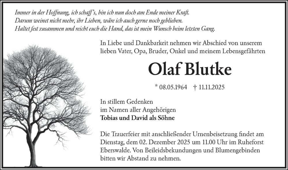  Traueranzeige für Olaf Blutke vom 22.11.2025 aus MO Uckerm.-Anz.