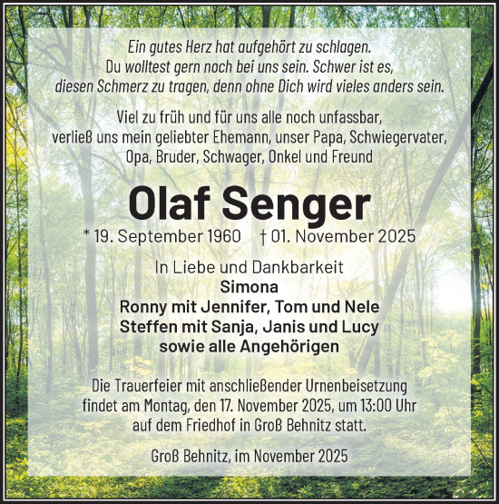 Traueranzeige von Olaf Senger von Märkische Oderzeitung