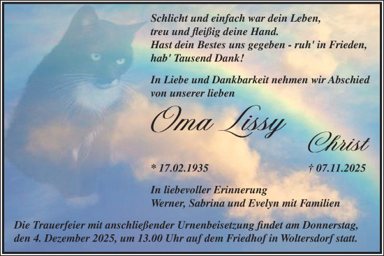 Traueranzeige von Oma Lissy Christ von Blickpunkt Jüterbog/Luckenwalde