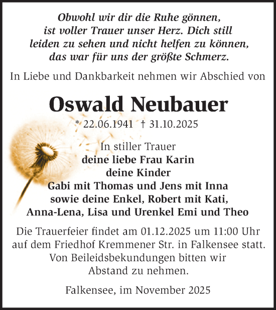 Traueranzeige von Oswald Neubauer von Märkische Oderzeitung